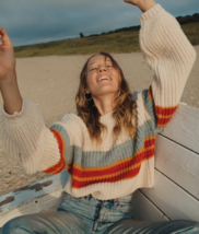Rag Poets Cream Orange Striped Chunky Knit Pullover Sweater Sz M - $281.93 MXN