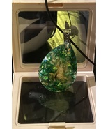 Green and Gold floral handmade stainless steel resin pendant - $18.00