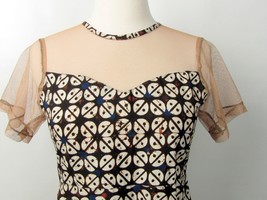 Perada Brown Print Cotton Batik Dress Illusion Yoke Fit &amp; Flare High Wai... - $31.68
