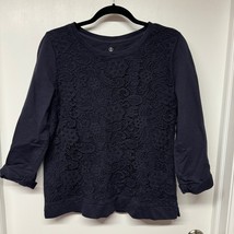  Lands End Womens Navy Blue Lace Sweatshirt Sweater Top Size Medium 100%... - $28.70