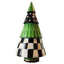 Black White Checkered Check Tree Hand Painted Green Gold 5.25&quot; Tall - $22.43