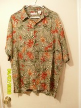 Caribbean Shirt Green Orange Hawaiian Floral Large Short Sleeve With Pocket - $10.17