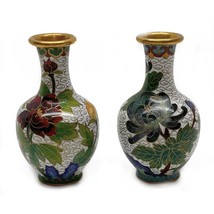 Vintage 2 Floral Cloisonne Brass Enamel Small Bud Vase Chinese Flowers Leaves 4” - £23.44 GBP