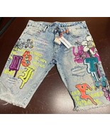 Smoke Rise Men’s Distress Stone Jem Patch Floral Blue Denim Jean Shorts 36 - €49,72 EUR