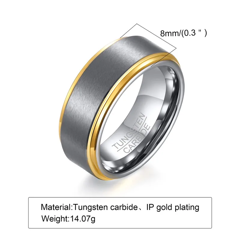 New Punk Vintage Men Ring Gold Silver Color 8mm Width Tungsten Unisex Luxury Wed - £21.13 GBP