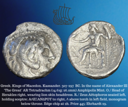 307-297 BC Grec Macedon King Kassander Alexander III The Grand Ar Tetradrachm - £197.84 GBP