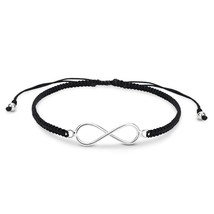 Love Sign Forever Infinity Sterling Silver Charm Black Rope Adjustable Bracelet - £11.13 GBP