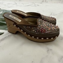 Steve Madden Y2k Chunky Mules Size 7.5 Brown Beaded Embrodiered Faux Wood - £30.32 GBP