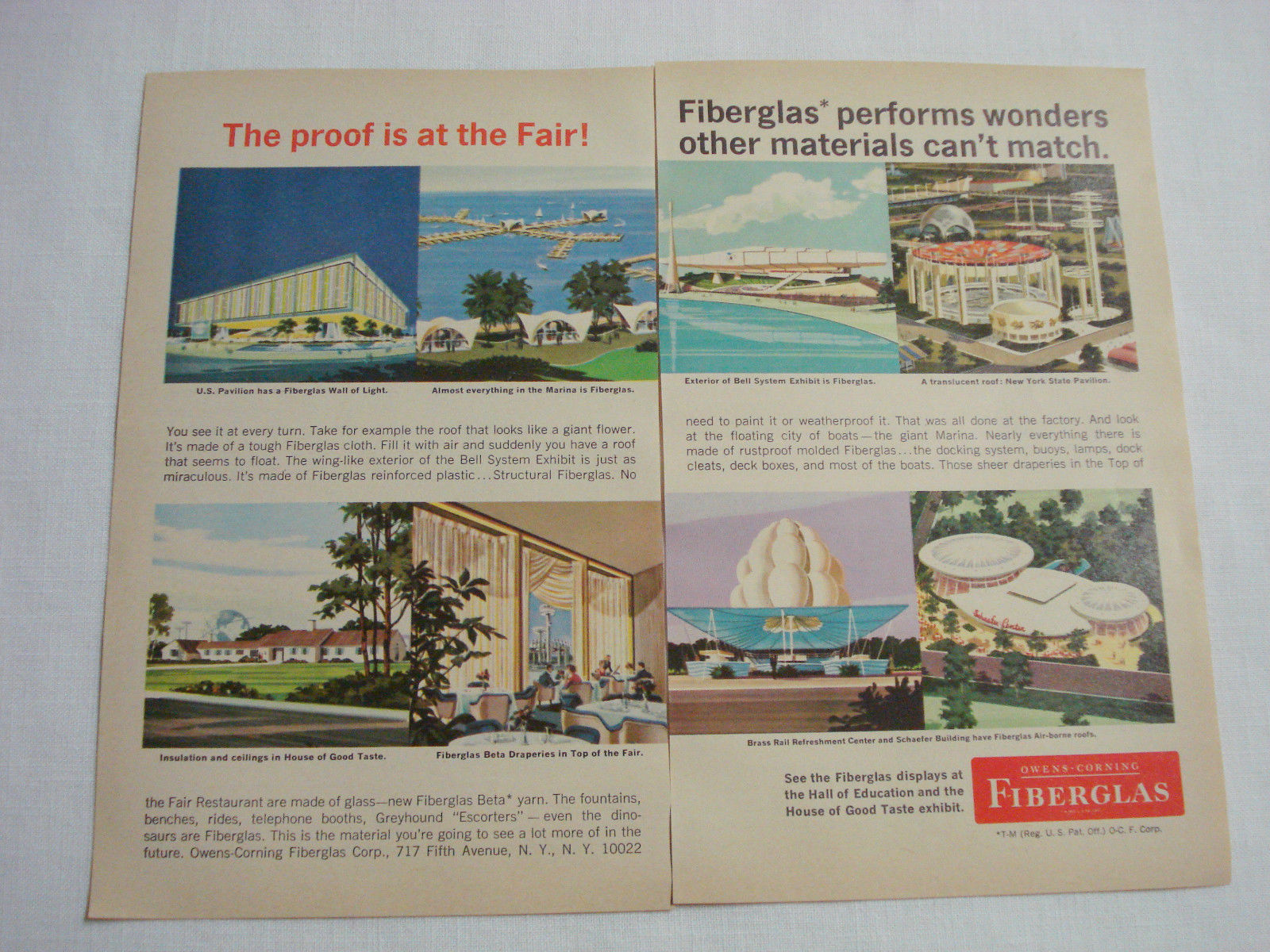 1964 World&#39;s Fair 2 Page Ad Owens-Corning Fiberglas The Proof Is At The ... - $7.99