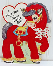 Antique Die Cut Valentine Card Vtg Flocked Red Horse Fuzzy Pony Good Little Boy - £11.24 GBP