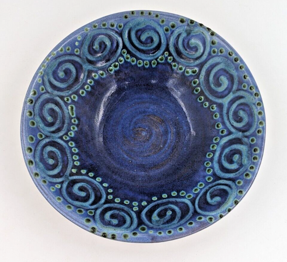 Primary image for Earthworks Barbados Round Pottery Bowl Blue Swirls Dots 9"