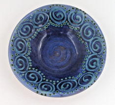 Earthworks Barbados Round Pottery Bowl Blue Swirls Dots 9&quot; - £31.45 GBP