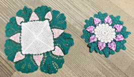 2 Handmade Grandma Core Crochet Grape Doilies 1 Rnd 11.5" 1 Sq 16" Great... - $24.26