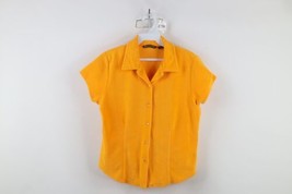 Vintage 90s Y2K Womens Medium Blank Terry Cloth Cropped Button Shirt Yellow - £61.14 GBP