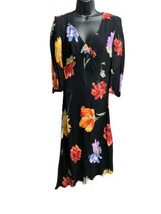 Floral Citrine Ladies Rayon Midi Long Black Dress Asymmetrical Hem- Lining Sz.10 - £16.65 GBP