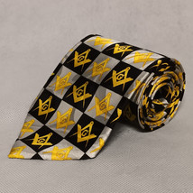 Masonic Necktie Black Silver Squares Gold G Square and Compass Steven Ha... - £14.65 GBP