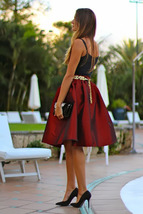 Burgudny Pleated Taffeta Skirt Women A-Line Plus Size Midi Skirt Outfit image 4