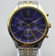 Caravelle New York Watch Men Gold Silver Tone Chronograph New Battery 6.75&quot; - £39.14 GBP
