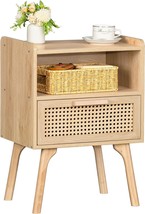 Lerliuo Rattan Nightstand, Boho Side Table With Drawer Open Shelf, Cane, Natural - £40.14 GBP