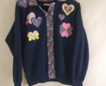 Women&#39;s Dark Blue Button-Up Sweatshirt With Embroidered Hearts Design Large - $11.63