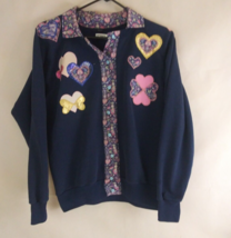 Women&#39;s Dark Blue Button-Up Sweatshirt With Embroidered Hearts Design Large - £9.29 GBP