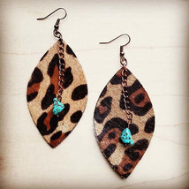 Leather Oval Earrings Leopard w/ Turquoise Drops - £26.79 GBP