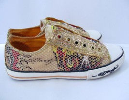 Vintage Ed Hardy Tiger Tattoo Sneakers 7 US Gold Glitter Slip Ons Low Rise Mesh - £23.58 GBP