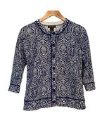 Eddie Bauer Cardigan Blue White Print Womens Medium Soft Cotton Lightweight - $14.51