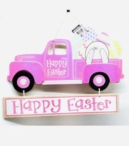 Easter Hanging Glitter Wooden Rustic Happy Easter Pink Truck Bunny Wall Decor. - £10.85 GBP