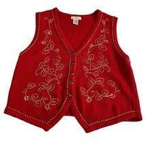 Yarnworks Red Floral Embroidered Sweater Vest Size Large Vintage Gold Trim - £25.72 GBP