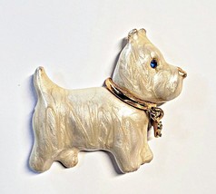 Vintage Enamel Terrier Dog Brooch Pin with Rhinestone Bow Charm  1 7/8th&quot; Long - £10.38 GBP