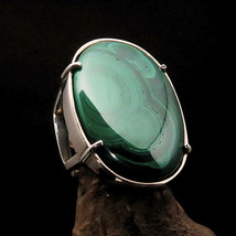 Big oval shaped Mirror polished Sterling Silver Ring Green Malachite Size 10 - £71.94 GBP
