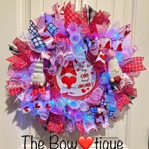 Handmade Valentine’s Gnome Hearts Ribbon Prelit Wreath 22 ins LED W13 - £62.93 GBP