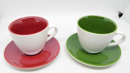 Starbucks Set of Two Demitasse Cups &amp; Saucers RED &amp; GREEN 2005 - £14.95 GBP