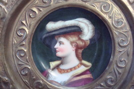 French hand painted portrait of a lady on ceramic w/ engraved  brass frame origi - £105.09 GBP