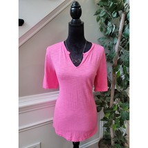 Chico&#39;s Blouse Women&#39;s Medium Pink Short Sleeve V Neck Cotton Blend Top - $24.75