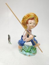 1940s Lefton Boy w Straw Hat  Fish Ceramic Figurine Japan, Lefton China Fishing - £19.43 GBP
