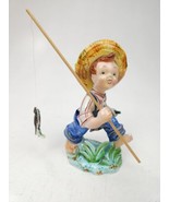 1940s Lefton Boy w Straw Hat  Fish Ceramic Figurine Japan, Lefton China Fishing - $24.70