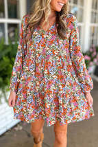 Multicolor Floral Neck Tie Long Sleeve Flared Dress - £17.63 GBP+