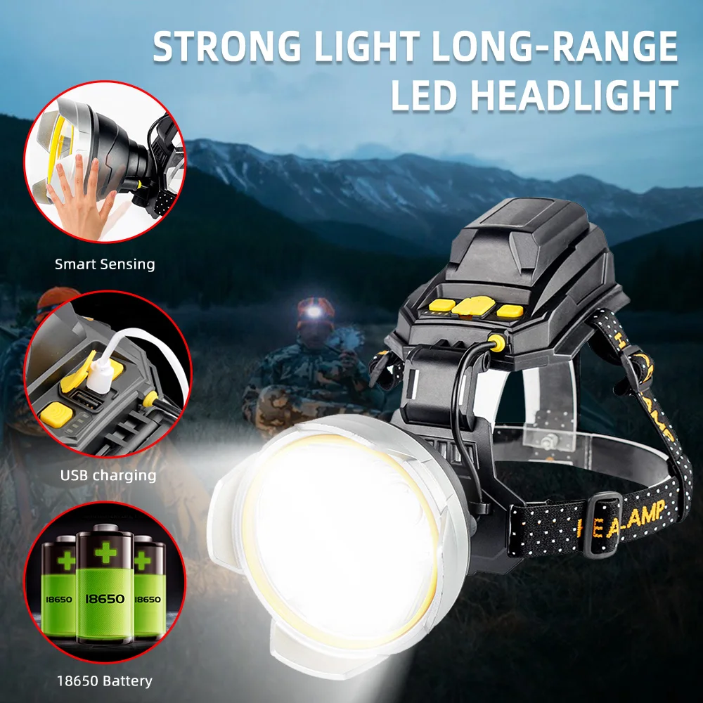 P50 500M Long Range LED Headlamp Strong Light Induction Headlight Outdoor Work - £22.70 GBP