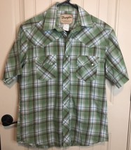 Wrangler Western Shirt Size M Pearl Snap Button Up Plaid Green White - £9.90 GBP