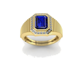 Natural Emerald Cut Blue Sapphire Ring 925 Sterling Silver 14K Gold Plated Ring - £59.23 GBP