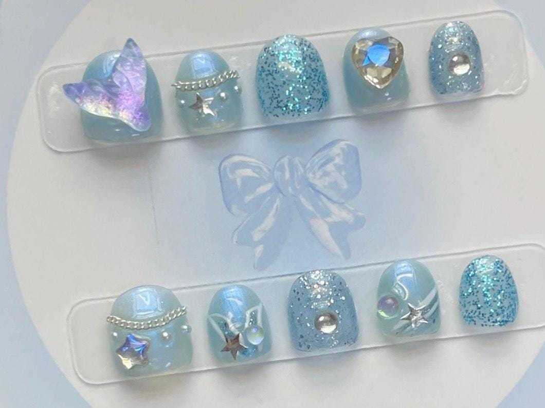 Blue Mermaid Glitter Butterfly Kids Press-On Nails | Child Size Nails wi... - $22.99