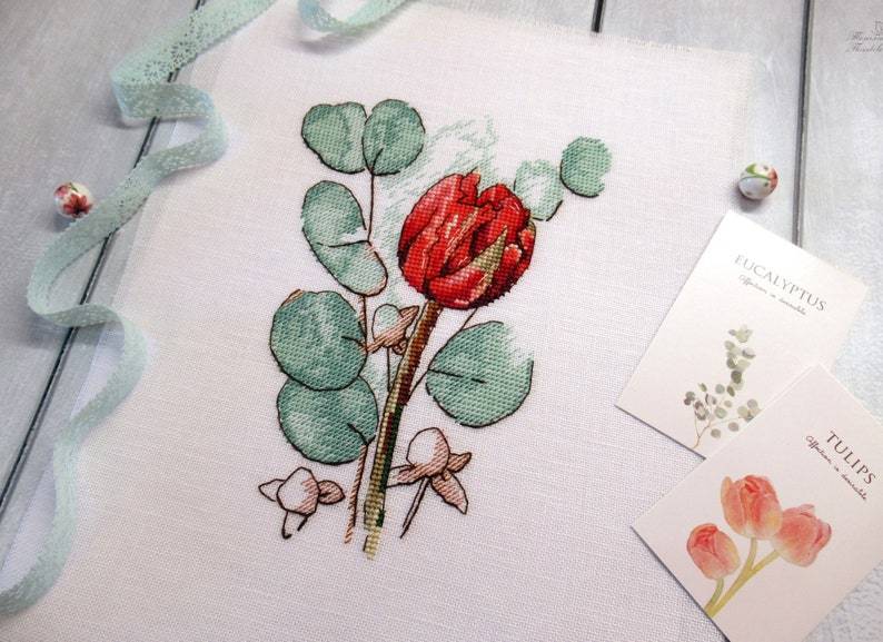 Eucalyptus cross stitch tulip pattern pdf - Minimalist cross stitch spring  - $9.69