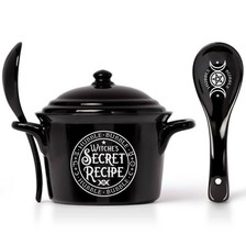 Alchemy Gothic Witches Secret Recipe Bowl Lid Spoon Black China MW DW Safe MRB6 - £23.41 GBP