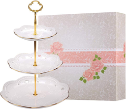 Bonnoces 3-Tier Porcelain Embossed Cupcake Stand - Pure White Rimmed with Gold D - £30.29 GBP