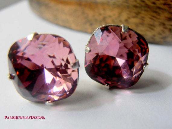 Primary image for Swarovski Cushion Cut Earrings / Pierced Studs / Post Earrings / Antique Pink / 