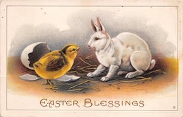 EASTER BLESSINGS~J J MARKS POSTCARD c1913~WHITE RABBIT AND NEWLY HATCHED... - £4.27 GBP