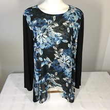 Chicos Size 3 Top Floral Blue Curved Hem Chiffon Front XL - £15.44 GBP