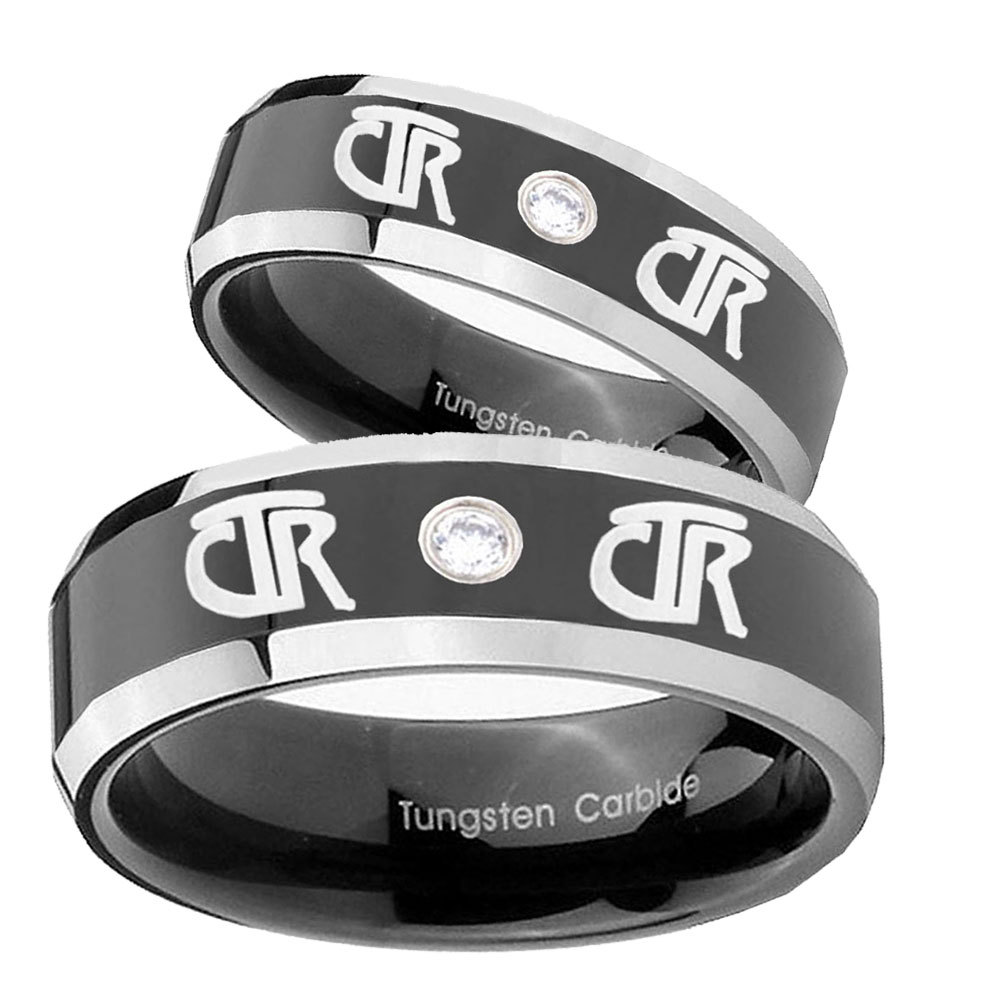 Bride and Groom CTR Beveled Edges Black Tungsten Carbide CZ Men's Ring Set - $87.98